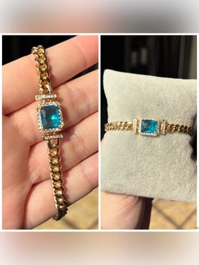 Gold Chain Bracelet with Blue Crystal Center